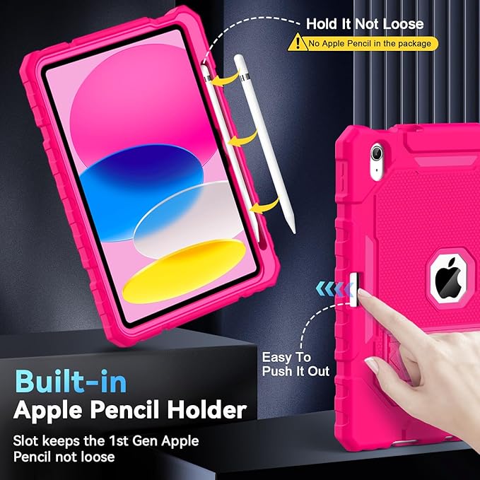 Grifobes for iPad A16 Case 11th Generation 11 inch 2025 / iPad 10th Generation Case 10.9 inch 2022, Heavy Duty Military Grade Shockproof Cover with Pencil Holder for i Pad 11/10 Gen (Hot Pink)