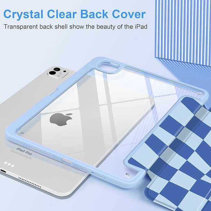 TWOLSKOO Case for iPad Pro 11-inch (M5 2025 / M4 2024), Clear Acrylic Back with TPU Bumper, Pencil Holder, Trifold Stand, Auto Sleep/Wake, Blue Wavy Checker