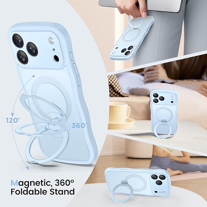 CAPRARO for iPhone 17 Pro Max Case with 360° Spin Magnetic Stand for Women, [Compatible with MagSafe] [Full Camera Protection] Cute Wave Translucent Matte Case for iPhone 17 Pro Max, Light Blue
