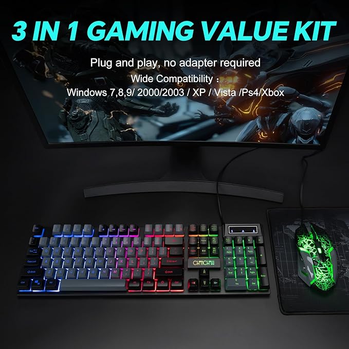 CHONCHOW Gaming Keyboard and Mouse Full Size Wired Keyboard Light Up Key,Led Backlit,19 Anti-ghosting,Multimedia Keys, Mechanical Feel for Ps5,Ps4, Pc/Laptop/Xbox