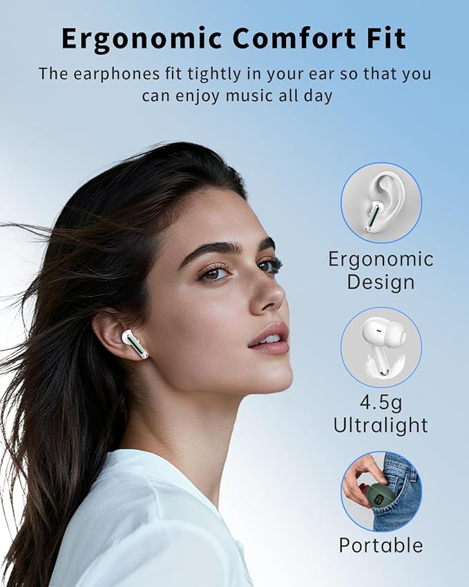 XIAOWTEK Wireless Earbuds, Bluetooth 5.4 Headphones with 50H Playback, Deep Bass Stereo Ear Buds Clear Calls with LED Power Display, Light Green