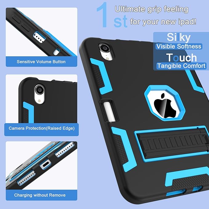 CCMAO for iPad mini 7 A17 Pro Case, iPad mini 6th/7th Generation Case (2021/2024), with Pencil Holder and Kickstand, Heavy Duty Shockproof Hybrid Three Layer Protective Cover, Black+Sky Blue