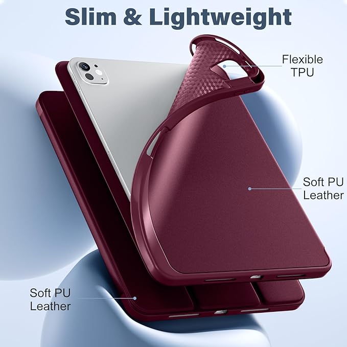 Akkerds for iPad Pro 11 Inch Case (M5/M4) 2025/2024 6th/5th Generation with Pencil Holder, for iPad Pro Case 11 Inch with Trifold Stand Protective Cover/Soft TPU Back, Auto Wake/Sleep, Wine Red