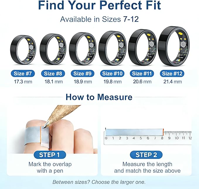 Smart Ring Health & Fitness Tracker for Men & Women, Heart Rate, SPO₂, Sleep & Activity Monitoring, IP68 Waterproof, Long Battery Life, Family Care Mode, No Subscription Fee (Black, 8)