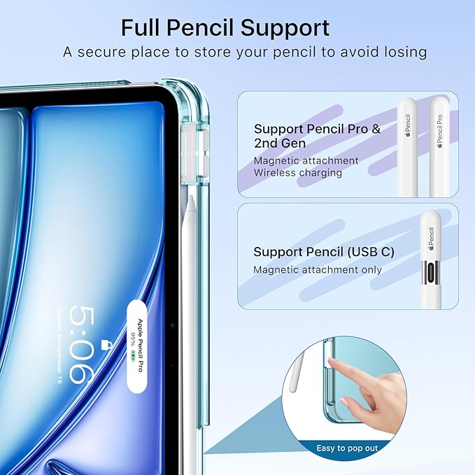 MoKo for iPad Air 11 inch Case (M4/M3/M2) 2026/2025/2024, iPad Air 5th/4th Gen 10.9 inch Case 2022/2020 with Pencil Holder, Slim Light Trifold Cover with Hard PC Translucent Back Shell, Peacock Blue