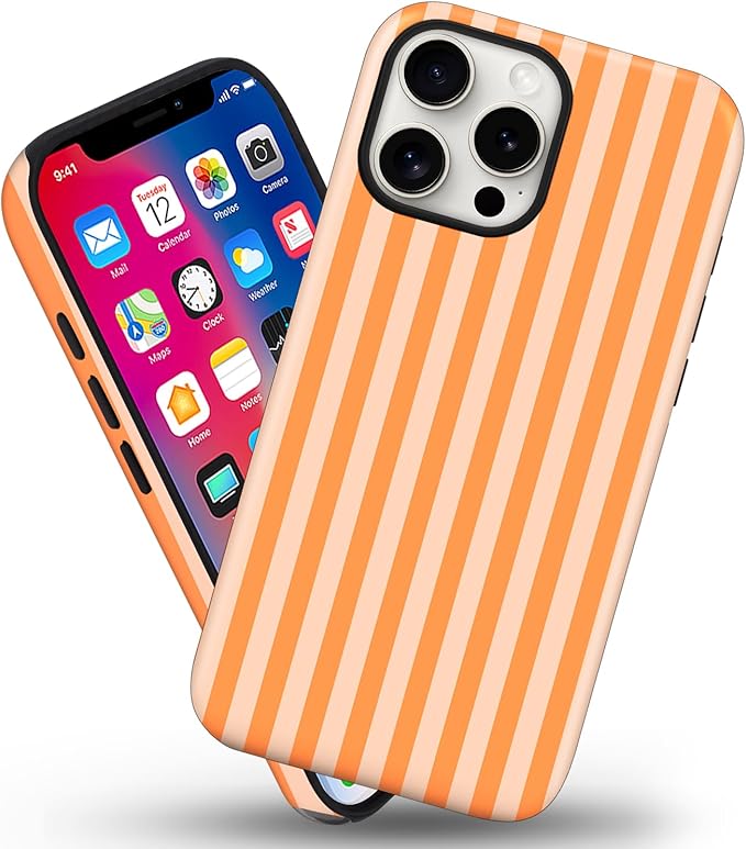 Magnetic for iPhone 16 Pro Case Cute Stripes Phone Case, Shockproof Slim TPU and Hard PC Protective Phone Cover Compatible with MagSafe Designed for Women Girls, Orange