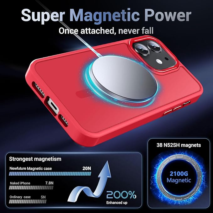 Newfuture Designed for iPhone 11 Case with Strong Magnetic [13 FT Military Drop Protection] [Compatible with Magsafe] Slim Translucent Matte Shockproof with Anti-Fingerprint Phone Case, Red