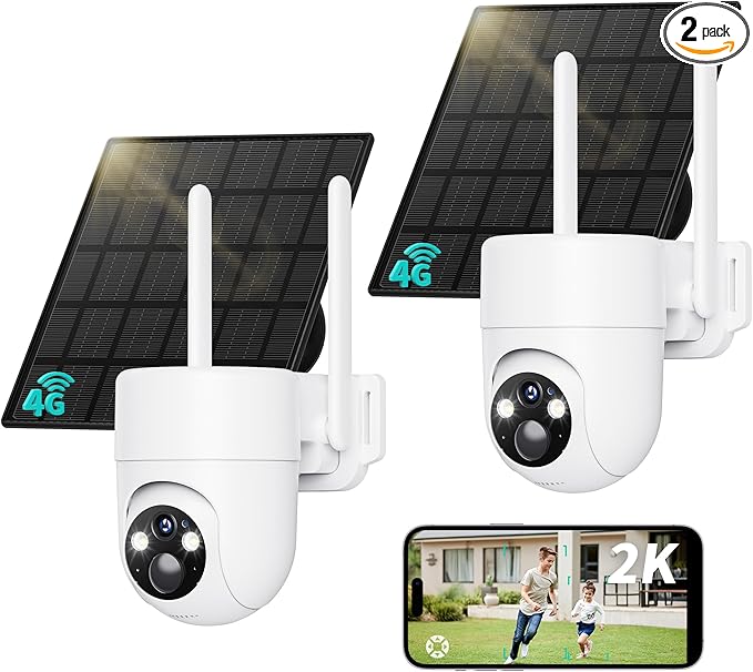 LIWAN 4G LTE Cellular Security Cameras Wireless Outdoor 2-Pack, Solar Powered No WiFi Security Camera with SIM Card, 2K HD Color Night Vision, 360° View Off-Grid Cam for Farm, Cabin, Construction Site
