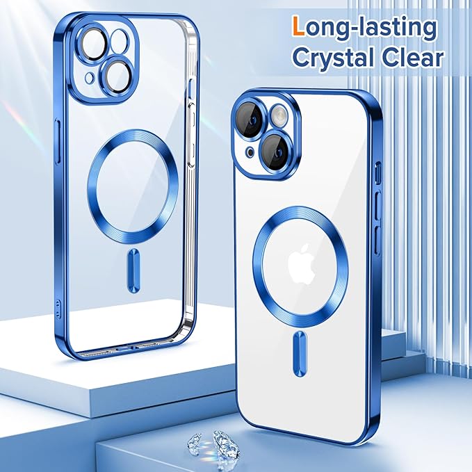Hython Magnetic Clear for iPhone 14 Case with Camera Lens Protector [Compatible with MagSafe] Luxury Plating Edge Slim Soft TPU Cover Protective Phone Case for iPhone 14 6.1", Deep Blue