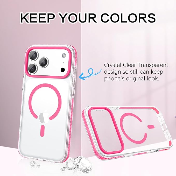 BENTOBEN Magnetic for iPhone 17 Pro 6.3" Case, Compatible with Magsafe Military Shockproof Protective Cute Transparent Slim Anti-Yellowing Phone Case for iPhone 17 Pro Cover, Clear Hot Pink