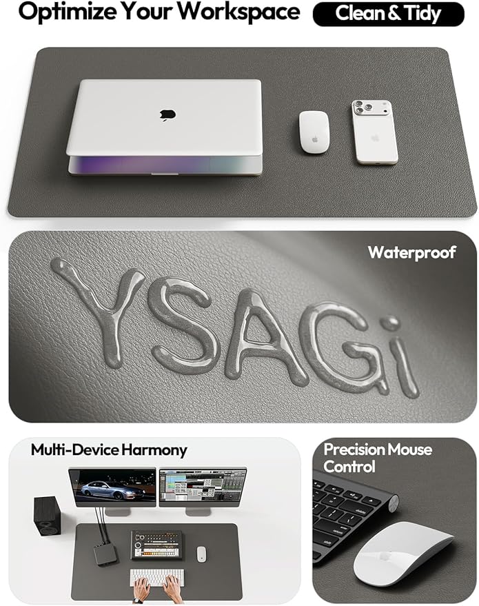 YSAGi Leather Desk Protector, Office Mat, Large Mouse Mat, Non-Slip PU Leather Blotter, Laptop Pad, Waterproof Writing Pad for Office and Home (Dark Grey, 31.5" x 15.8")