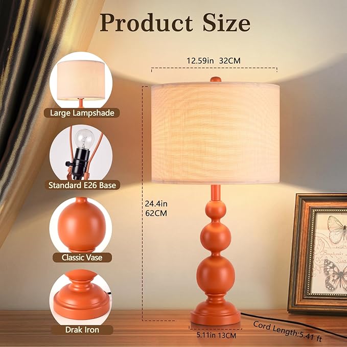 Ziqqeelam 24.4'' Orange Mid Century Modern Table Lamps Set of 2 for Living Room Bedroom Bedside Nightstand, Contemporary Table Lamp for Bedside, End Table Side Table Lamp (Bulbs Not Includes)