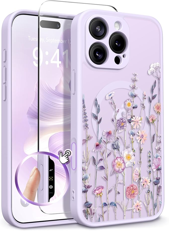 GVIEWIN for iPhone 16 Pro Case Compatible with MagSafe, [Military Grade Protection] [Screen Protector] Full Camera Protection Floral Translucent Women Magnetic Phone Case, Floratopia/Colorful