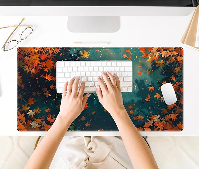 Maple Leaves Desk Mat Gaming Mouse Pad Large, Extended Desk Pad Full Desk Cover Mat, Fall Leaves Laptop Keyboard Pad, Computer Desktop Mat XXL, Aesthetic Fall Desk Accessories 31.5x15.7 Inch