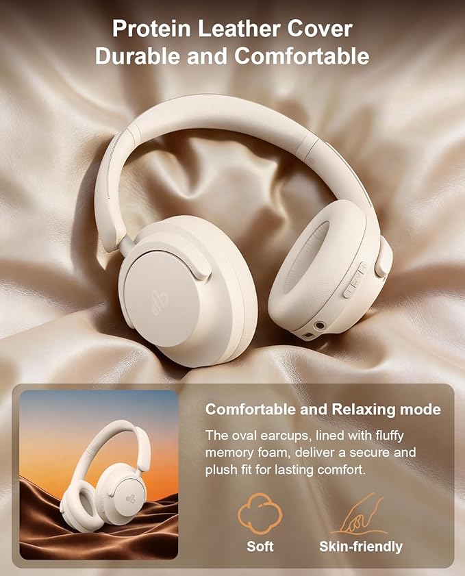 Hybrid Active Noise Cancelling Headphones, Over-Ear Bluetooth Headphone with Hi-Res Audio, 60H Playtime, Deep Bass, Transparency Mode, Foldable Comfort Ear Cups, Ideal gift for Travel Office - Beige