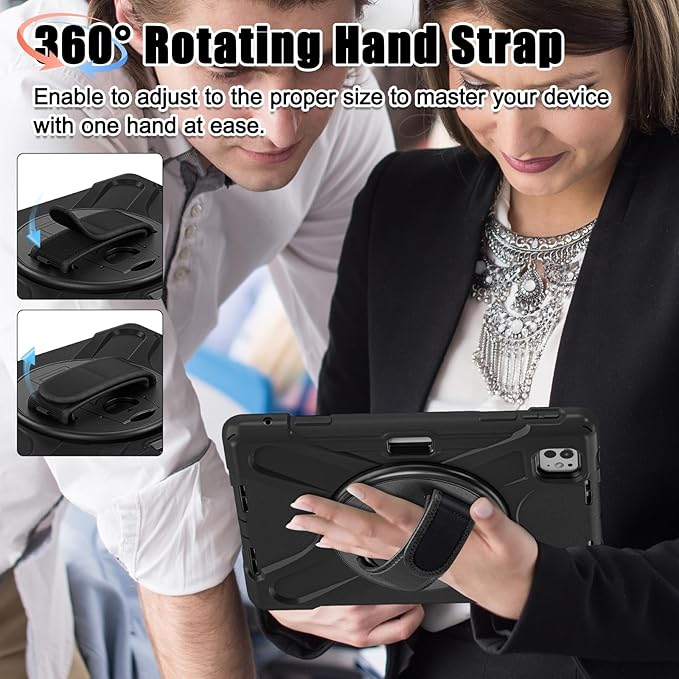 Batianda Case for New iPad Pro 11-inch 2025 M5 2024 M4 Chip Heavy Duty Rugged Durability Silicone Tablet Cover with 360° Rotating Hand Strap Foldable Hidden Stand & Shoulder Strap, Black