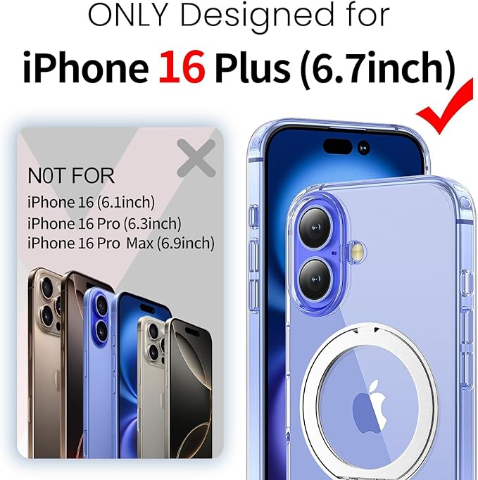 toushion 3 in 1 for iPhone 16 Plus Case Clear Ring Holder | Screen Protector *1 & Camera Lens Protector*1, Not Yellowing, Build in Kickstand, Military-Grade Protection