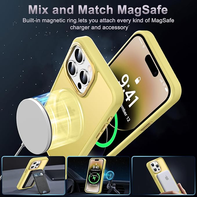 Newfuture Designed for iPhone 14 Pro Case with Magnetic [13 FT Military Drop Protection] [Compatible with Magsafe] Slim Translucent Matte Shockproof with Anti-Fingerprint Phone Case, Yellow