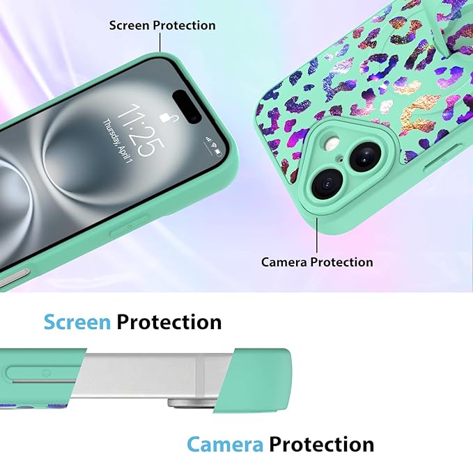 KANGHAR Compatible with iPhone 16 Case, Support for MagSafe, Silicone Cute Iridescent Leopard Cheetah Pattern, Wristband Kickstand Shockproof Protective Slim Cover for Women Girls, Green