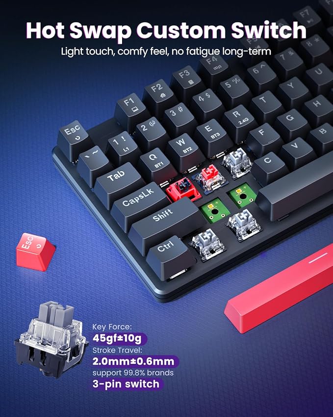 Redragon K671KS Wireless Mechanical Gaming Keyboard, Tri Mode BT/2.4G/USB-C Hot Swappable Custom Keyboard, RGB Backlit Computer Gaming Keyboards, PBT Keycaps, Programmable for PC/Tablet/MAC