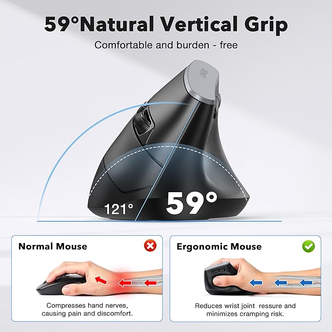 Uineer Vertical Ergonomic Mouse – Tri-Mode Wireless Bluetooth 5.0/4.0 & 2.4GHz USB Receiver, Battery-Powered, Connects to 3 Devices, 4 DPI Optical Mice for PC, Laptop, Compatible with Windows, Mac