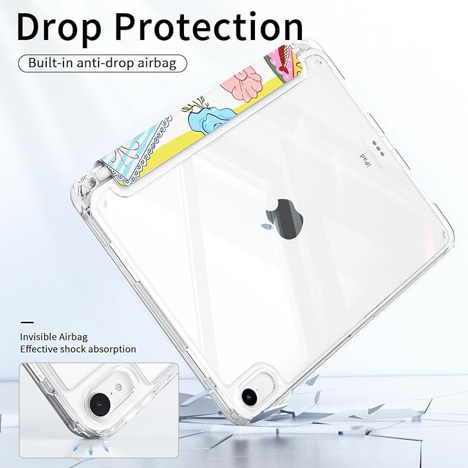 Slim Case for iPad 11th Generation A16 Chip 2025, iPad 10th Generation Case 10.9" 2022 with Pencil Holder, Lightweight Transparent Clear Back Cover, Trifold Stable Stand, Beach Foods
