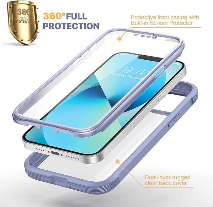 Diaclara Designed for iPhone 13 Case, Full Body Rugged with Built-in Touch Sensitive Anti-Scratch Screen Protector, Soft TPU Bumper Case for iPhone 13 6.1" (Lavender Gray)