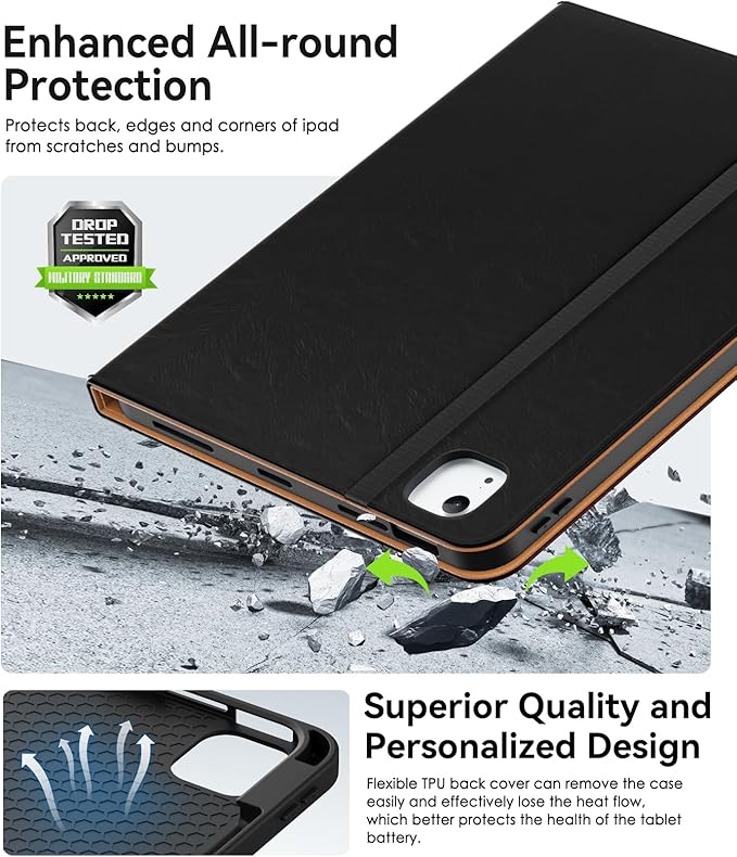 ZoneFoker Premium Leather Folio Case for iPad Air 10.9 inch 2022/2020 - Black+Brown, Multi-Angle Viewing Stand, Apple Pencil Holder
