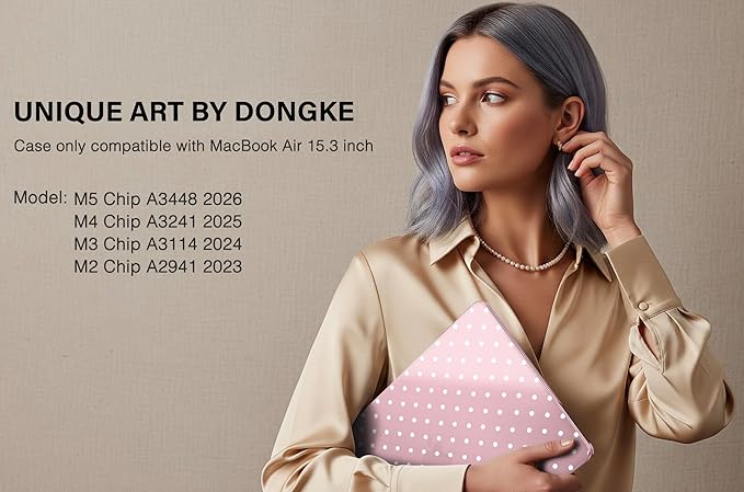 DONGKE Compatible with M5 MacBook Air 15 inch Case 2026 2025-2023 A3448 A3241 A3114 A2941 M4 M3 M2 Liquid Retina Display Touch ID, Protective Hard Shell Cover & Keyboard Skin - White Polka Dots