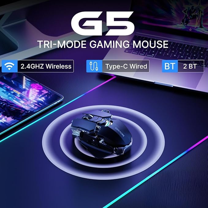 EWEADN G5 Wireless Gaming mouse, 12800 Adjustable DPI Ergonomic Mouse with 6 RGB Backlit Modes, Rapid Fire Key, 9 Programmable Macro Buttons, Rechargeable Bluetooth Mouse for PC/Mac/Laptop - Black