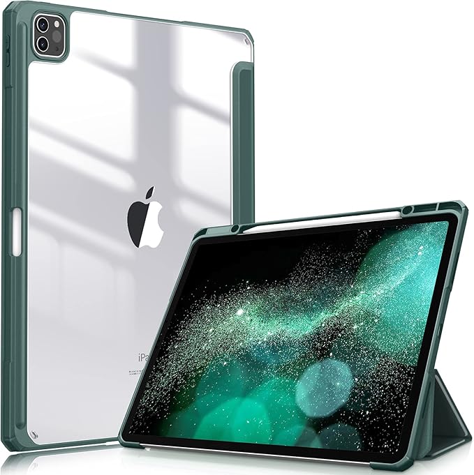 Fintie Hybrid Slim Case for iPad Pro 12.9-inch 6th Generation 2022, [Built-in Pencil Holder] Shockproof Cover w/Clear Transparent Back Shell, Also Fit iPad Pro 12.9" 5th/4th/3rd Gen, Midnight Green