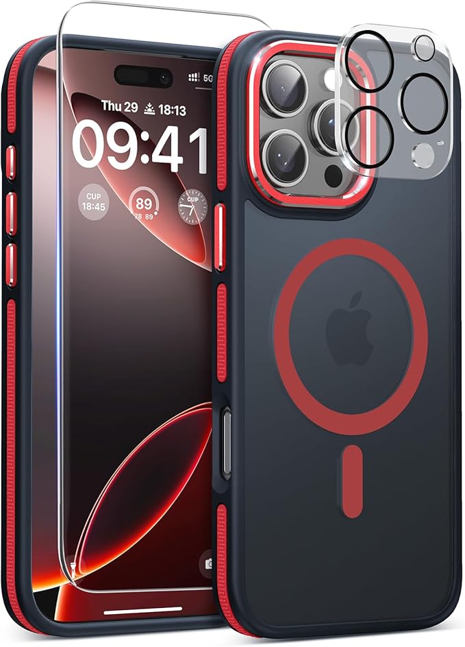 Magnetic 3 in 1 for iPhone 16 Pro Case, [Omni-Directional Protection] with 1x Screen Protector + 1x Camera Cover, [Seamless Work with Magsafe] Shockproof Slim Thin Matte Case for iPhone 16 Pro Red