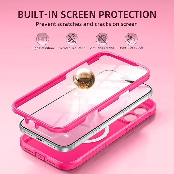 BERFY for iPhone 17 Pro Case, Compatible with MagSafe, Built-in Glass Screen Protector, Camera Protection, Shockproof Full Body Phone case 6.3", Translucent Hot Pink