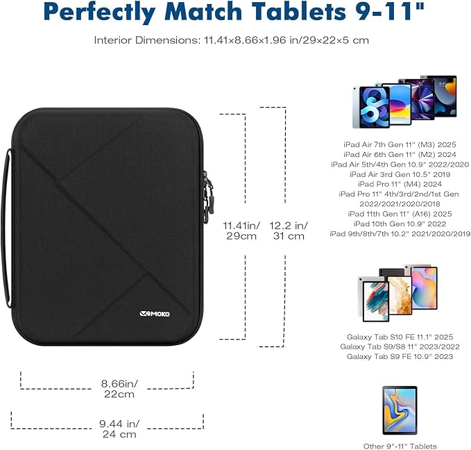 MoKo 9-11 Inch Tablet Sleeve Bag for New 11-inch iPad Air M4 2026/Pro M5, iPad A16, iPadAir 5/4/3th 10.9/10.5, iPad10/9/8th 10.9/10.2, Tab S8/S9 11,Hard EVA Bag with Padded Handle, Black