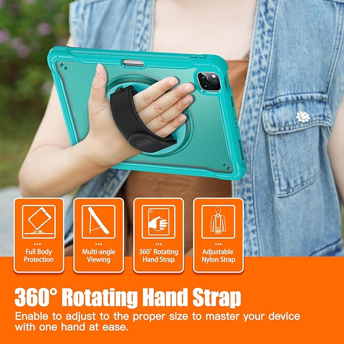 Batianda Case for iPad Pro 11-inch 2022 4th M2 Chip /2021 (3rd Generation) Heavy Duty Rugged Shockproof Tablet Cover with 360° Rotating Hand Strap Foldable Hidden Stand & Shoulder Strap, Blue