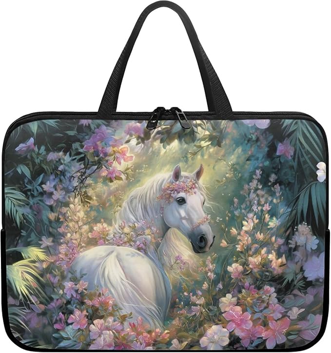 12 Inch Horse Flowers Laptop Sleeves, Zippered Computer Bag Waterproof Tablet Carrying Cover, Laptop Organizer Tote Bag Portable Notebook Handbag, Back to School Supplies College