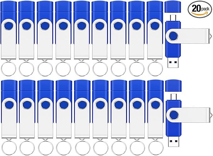 20Packs of 4GB FAT32 USB2.0 & Type-C Flash Drives, EASTBULL 2-in-1 Dual Flash Drive Bulk USB-A + USB-C Thumb Drives Pack OTG Memory Sticks Compatible with Smartphones, Computers, Tablets, Mac (Blue)