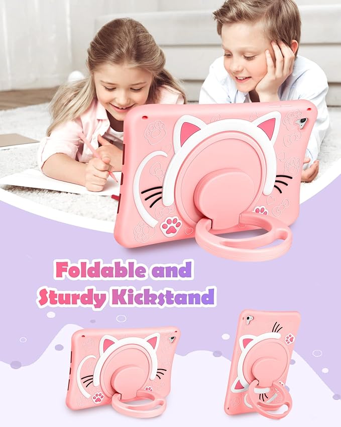 Wazzasoft for iPad 6th Generation/Air 2/ Pro 9.7 Inch Case Girls Cute Cat Kawaii Cover Girly Cartoon with Rotating Handle Stand & Strap Silicone Funda for iPad Cases 6th Gen/Air2/Pro 9.7”