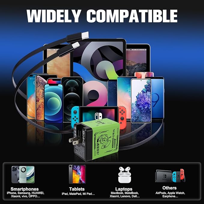 W&O 2-in-1 GaN Compatible with Fast Charger, GaN Charger Fast Charging, Retractable Phone Chargers Wall Plug with Lightning and Type-C Cables, Foldable Chargers for iPhone&Most Android, Black