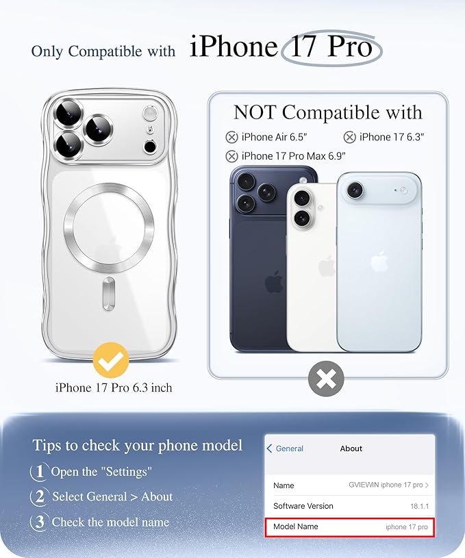 GVIEWIN for iPhone 17 Pro Case Compatible with MagSafe, Upgraded [Full Camera Protection][Cute Wave Frame][Military Grade Protection] Electroplated Hard Phone Cover for Women Girl, Clear/Sliver