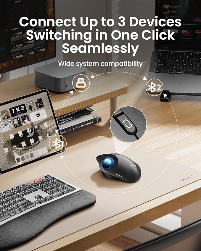 ProtoArc Wireless Bluetooth Trackball Mouse, EM02 Two Adjustable Angle Ergonomic Rechargeable Computer Ball Mouse, 3 Device Connection, Thumb Control and Smooth Tracking for Laptop, PC, Mac-Blue