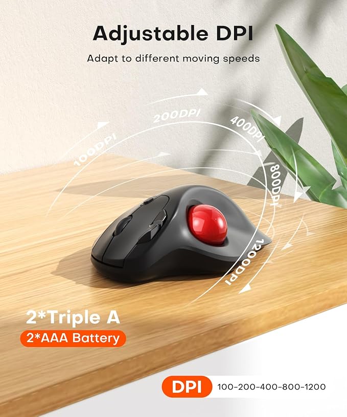 Ergonomic Wireless Trackball Mouse, 3 Device Connection (Bluetooth or 2.4G USB Receiver) Bluetooth Quiet Computer Mouse, 2*AAA Battery Thumb Laptop Mice with 5 Level DPI for PC/Laptop/Mac/Windows Red