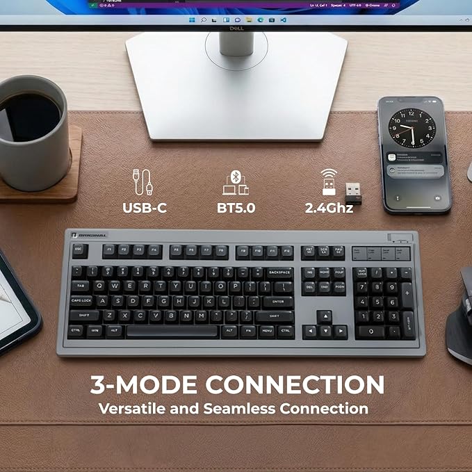 FL·ESPORTS OG104 Tri-Mode Retro Mechanical Keyboard, 104 Keys Heavy Gaming Keyboard, Hot Swappable, SA Profile PBT Keycaps, 4000mAh for Mac/PC - Silent Switches | Brown