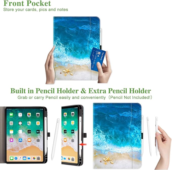 Vimorco for iPad Air M4/M3/M2 11 Inch Case 2026/2025/2024, for iPad Air 5th/4th Gen Cases 10.9-inch, for iPad Pro 11 Inch Case 4th/3rd/2nd/1st Generation Pencil Holder/Hand Strap/Pocket, Ocean Beach