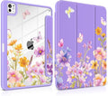 Case for iPad Pro 11 inch (M5) 2025 (M4) 2024 Release Slim Lightweight Cute Purple Cover with Clear Back TPU Edge Pencil Holder Trifold Stand, Watercolor Flower