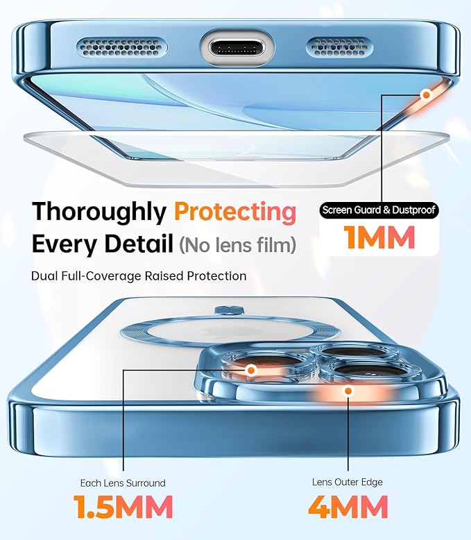 Meifigno Designed for iPhone 16 Pro Max Case 6.9", [Glitter Card & Wrist Strap] [Compatible with MagSafe] [2X Screen Protectors] Surround Raised Lens Protection Designed for 16 ProMax Case, Sky Blue