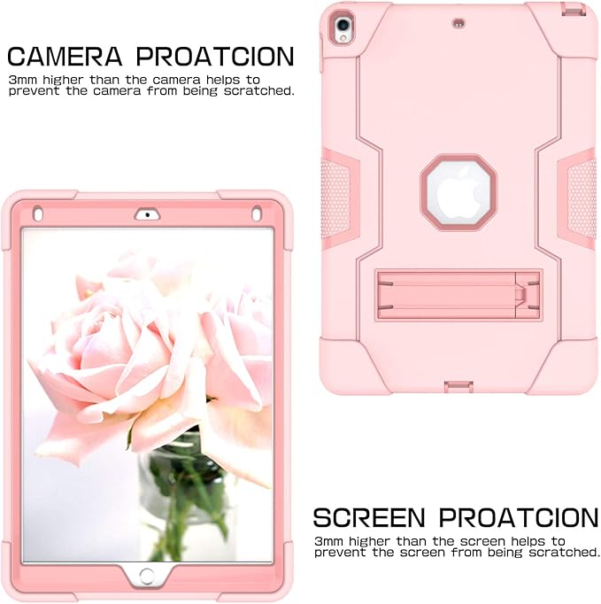 Dteck for iPad Air 3rd Gen (2019) / iPad Pro (2017) Case 10.5", Shockproof Protective Case with Kickstand, Hard Plastic Shell, 3-Layer Protection Drop Proof Sturdy Rugged Tablet Cover (Pink+Rosegold)