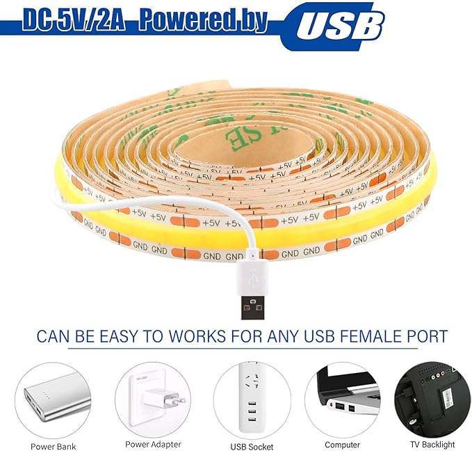 dephen 5V USB LED Light Strip 4.9ft, 480LEDs Daylight Dotless COB String, Flexible and Cuttable Rope Lighting, CRI 90, Self Adhesive Tape for TV Backlight, Bedroom, Cabinet, Mirror, DIY