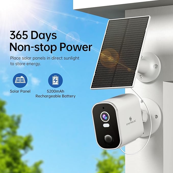 SYMYNELEC Solar Security Cameras Outdoor: 4-Pack Wireless Surveillance System - 2K Night Vision Motion Detection - Waterproof Home Monitoring Year-Round for Homeowners