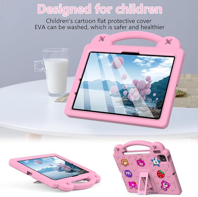 Dteck iPad Air 13"/Pro 13" 2024 M4/Pro 12.9 6th/5th/4th/3rd Gen Case - Strawberry Panda Shockproof Rugged Lightweight Convertible Stand With Handles, Kids Friendly, Pink